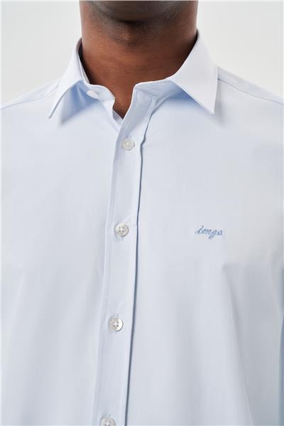 Koyu Mavi Uzun Kollu Sert Yaka Cepsiz Pamuklu Likralı Klasik Slim Fit Dar Kesim Gömlek 1004245234