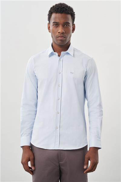 Koyu Mavi Uzun Kollu Sert Yaka Cepsiz Pamuklu Likralı Klasik Slim Fit Dar Kesim Gömlek 1004245234