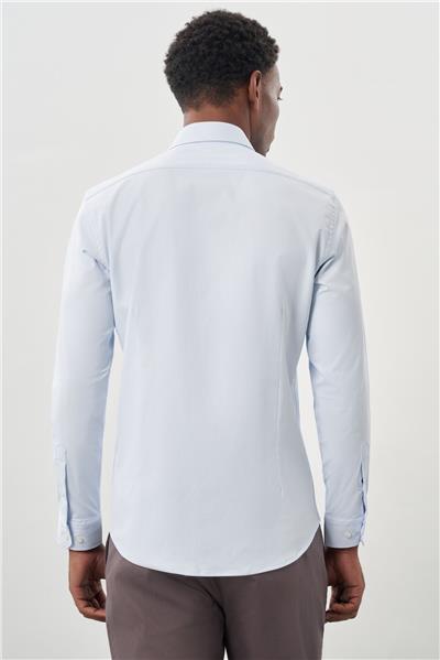 Koyu Mavi Uzun Kollu Sert Yaka Cepsiz Pamuklu Likralı Klasik Slim Fit Dar Kesim Gömlek 1004245234