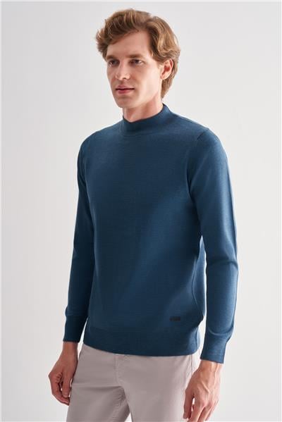 Mavi Yarım Balıkçı Yaka Cepsiz Comfort Fit Classic Yünlü Triko Kazak 1012255001