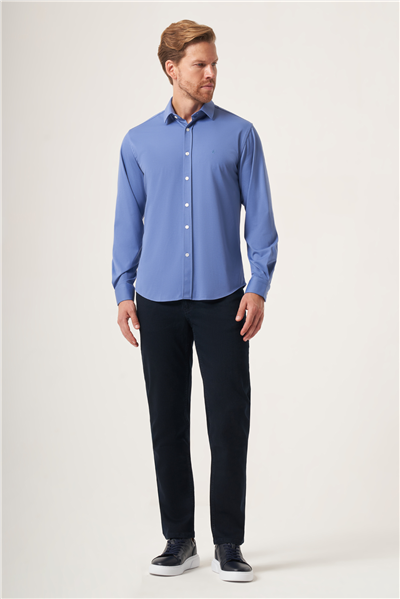 Koyu Mavi Yumuşak Yaka Örme Performans Slim Fit Esnek Gömlek 1004265170