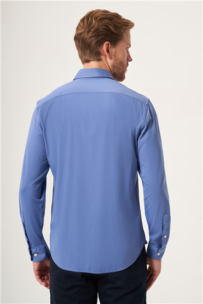 Koyu Mavi Yumuşak Yaka Örme Performans Slim Fit Esnek Gömlek 1004265170