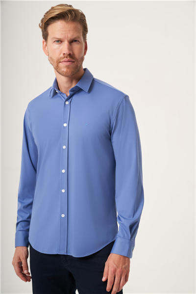 Koyu Mavi Yumuşak Yaka Örme Performans Slim Fit Esnek Gömlek 1004265170