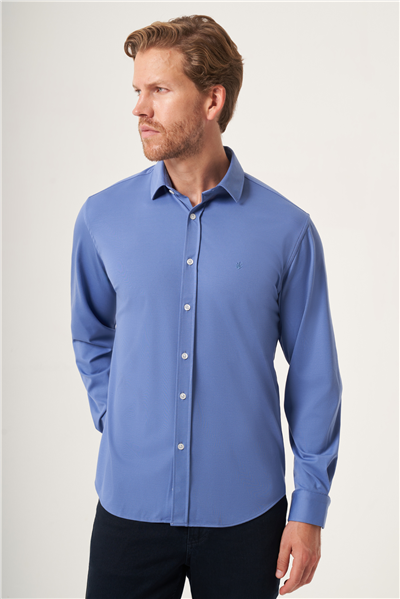 Koyu Mavi Yumuşak Yaka Örme Performans Slim Fit Esnek Gömlek 1004265170
