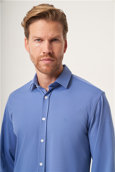 Koyu Mavi Yumuşak Yaka Örme Performans Slim Fit Esnek Gömlek 1004265170