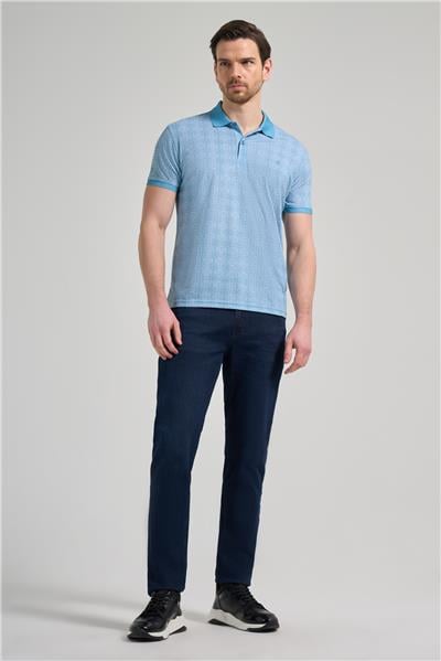 Koyu Turkuaz Kısa Kol Baskılı Pike Polo Yaka Cepsiz esnek Casual Slim Fit Tişört 1011250150