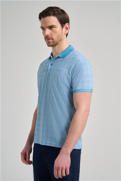Koyu Turkuaz Kısa Kol Baskılı Pike Polo Yaka Cepsiz esnek Casual Slim Fit Tişört 1011250150