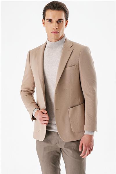 Koyu Vizon Desenli Mono Yaka Astarlı Çift Yırtmaç 6 Drop Slim Fit Dar Kesim Klasik Ceket 1002240150