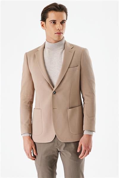 Koyu Vizon Desenli Mono Yaka Astarlı Çift Yırtmaç 6 Drop Slim Fit Dar Kesim Klasik Ceket 1002240150