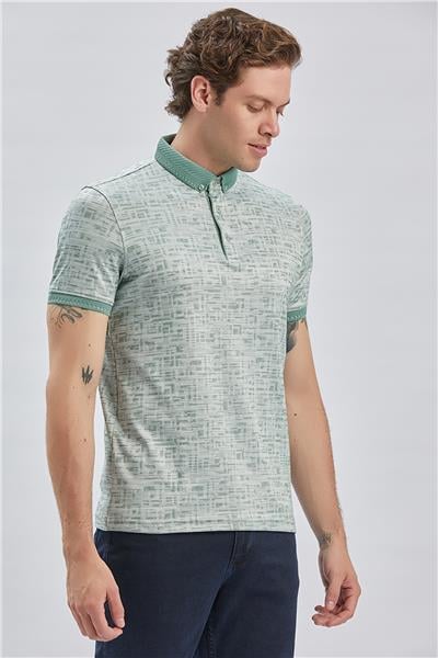 Koyu Yeşil Desenli Merserize Düğmeli Yaka Pamuklu Casual Slim Fit Dar Kesim Tişört 1011240160