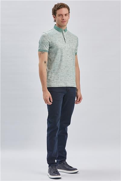Koyu Yeşil Desenli Merserize Düğmeli Yaka Pamuklu Casual Slim Fit Dar Kesim Tişört 1011240160