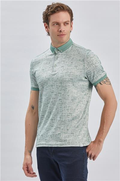 Koyu Yeşil Desenli Merserize Düğmeli Yaka Pamuklu Casual Slim Fit Dar Kesim Tişört 1011240160