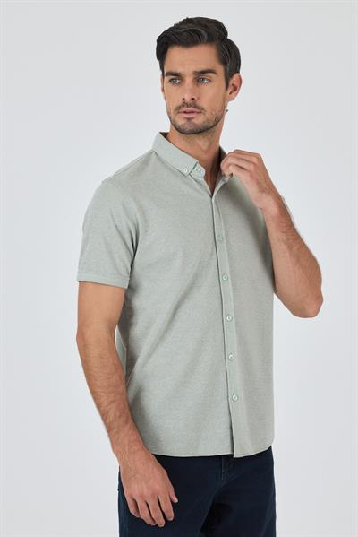 Yeşil Kısa Kol Düz Örme Düğmeli Yaka Cepsiz Pamuklu Classic Slim Fit Gömlek 1004250155