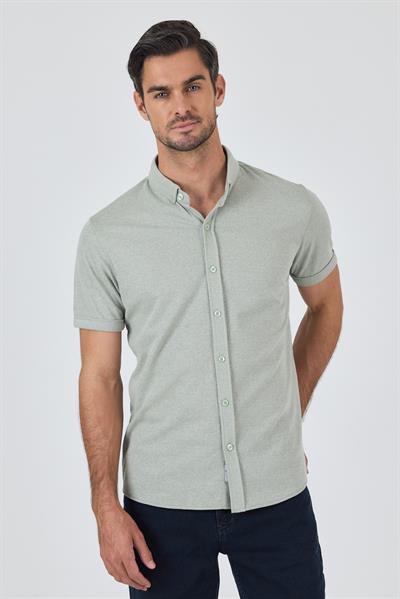 Yeşil Kısa Kol Düz Örme Düğmeli Yaka Cepsiz Pamuklu Classic Slim Fit Gömlek 1004250155