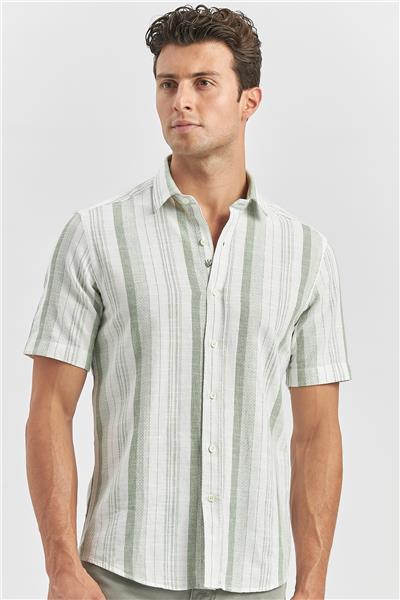 Koyu Yeşil Kısa Kollu Çizgili Armürlü Pamuklu Casual Slim Fit Dar Kesim Gömlek 1004240243
