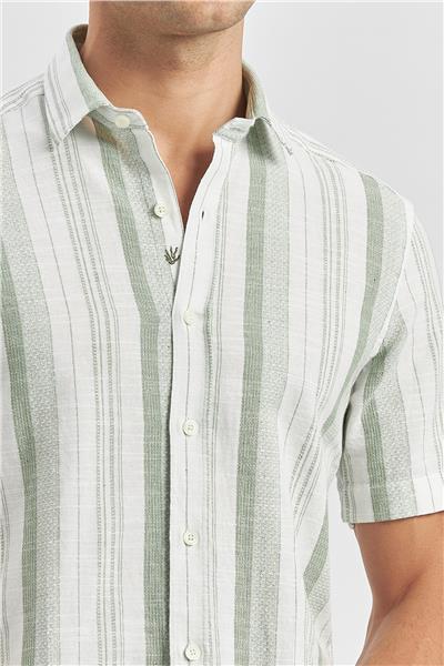 Koyu Yeşil Kısa Kollu Çizgili Armürlü Pamuklu Casual Slim Fit Dar Kesim Gömlek 1004240243