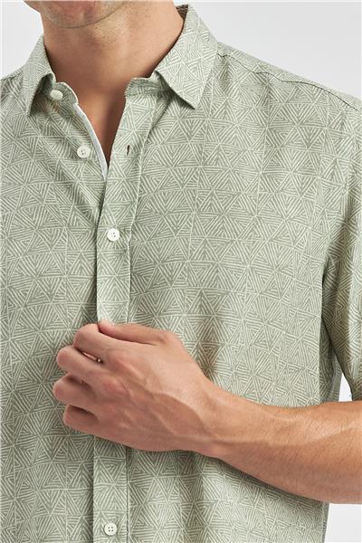 Koyu Yeşil Kısa Kollu Düğmeli Yaka Biyeli Keten Casual Slim Fit Dar Kesim Gömlek 1004240242