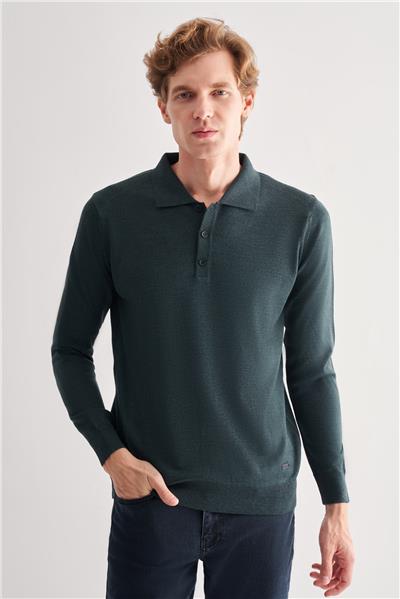 Süet Yeşil Polo Yaka Cepsiz Comfort Fit Classic Yünlü Triko Kazak 1012255007