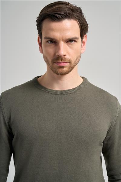 Koyu Yeşil Uzun Kol Düz Örme Bisiklet Yaka Classic Comfort Fit Triko 1012245006