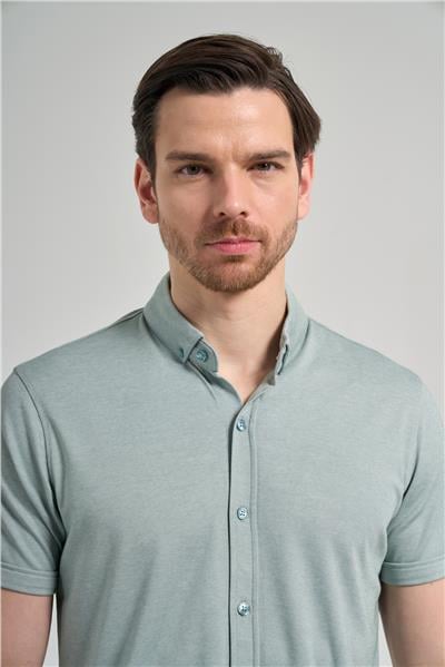 Koyu Yeşil Uzun Kol Düz Örme Düğmeli Yaka Cepsiz Pamuklu Classic Slim Fit Gömlek 1004250152_704