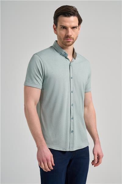 Koyu Yeşil Uzun Kol Düz Örme Düğmeli Yaka Cepsiz Pamuklu Classic Slim Fit Gömlek 1004250152_704