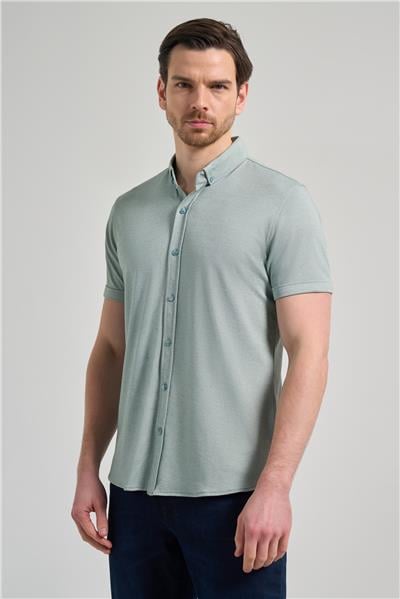 Koyu Yeşil Uzun Kol Düz Örme Düğmeli Yaka Cepsiz Pamuklu Classic Slim Fit Gömlek 1004250152_704