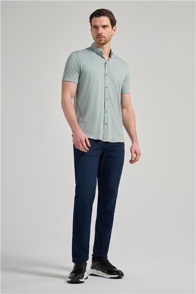 Koyu Yeşil Uzun Kol Düz Örme Düğmeli Yaka Cepsiz Pamuklu Classic Slim Fit Gömlek 1004250152_704