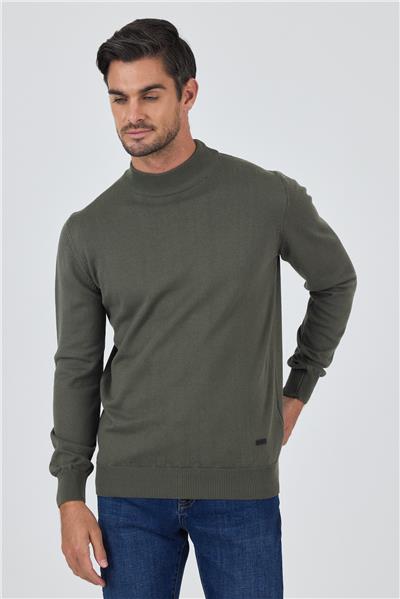 Koyu Yeşil Uzun Kol Düz Örme Yarım Balıkçı Yaka Classic Comfort Fit Triko 1012245001