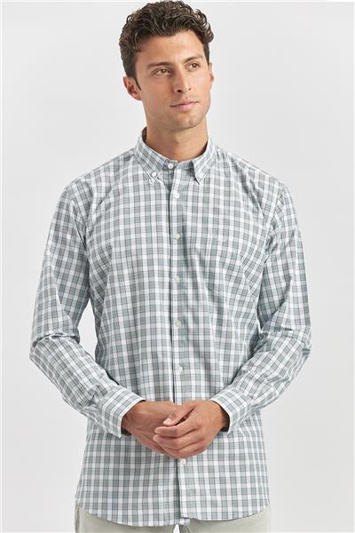 Koyu Yeşil Uzun Kol Ekose Desen Bez Ayağı Smart Düğmeli Yaka Classic Comfort Fit Gömlek 1004240253
