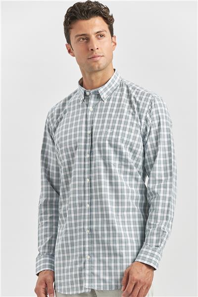 Koyu Yeşil Uzun Kol Ekose Desen Bez Ayağı Smart Düğmeli Yaka Classic Comfort Fit Gömlek 1004240253