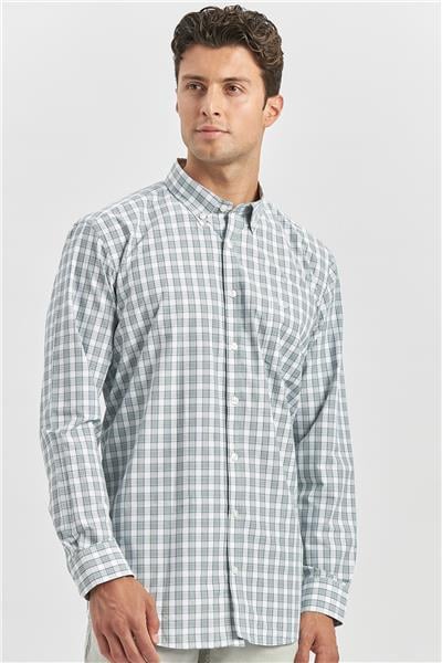 Koyu Yeşil Uzun Kol Ekose Desen Bez Ayağı Smart Düğmeli Yaka Classic Comfort Fit Gömlek 1004240253