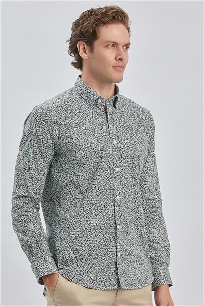Yeşil Uzun Kollu Baskılı Biritli Yaka Cepsiz Pamuklu Klasik Slim Fit Gömlek 1004240215
