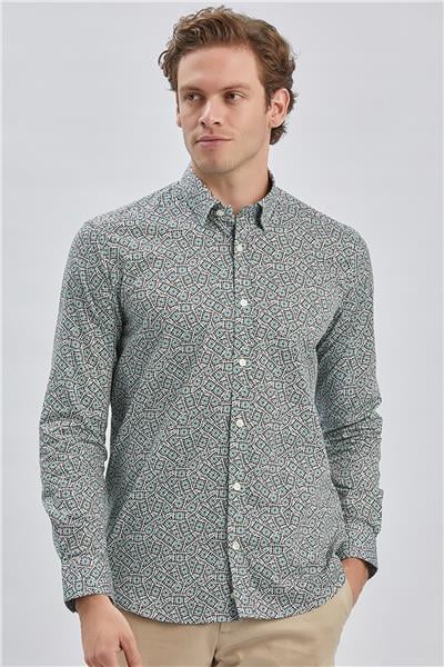 Yeşil Uzun Kollu Baskılı Biritli Yaka Cepsiz Pamuklu Klasik Slim Fit Gömlek 1004240215