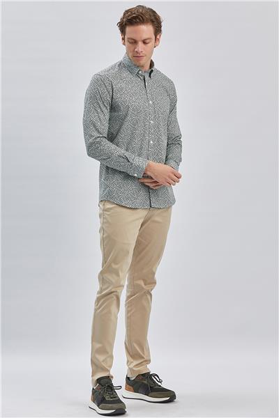 Yeşil Uzun Kollu Baskılı Biritli Yaka Cepsiz Pamuklu Klasik Slim Fit Gömlek 1004240215