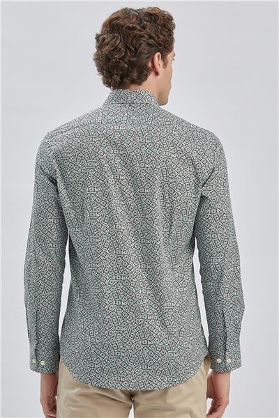 Yeşil Uzun Kollu Baskılı Biritli Yaka Cepsiz Pamuklu Klasik Slim Fit Gömlek 1004240215