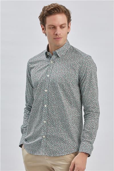 Yeşil Uzun Kollu Baskılı Biritli Yaka Cepsiz Pamuklu Klasik Slim Fit Gömlek 1004240215