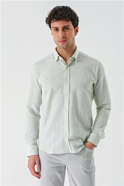 Yeşil Uzun Kollu Biritli Yaka Pamuklu Likralı Casual Slim Fit Gömlek 1004240233