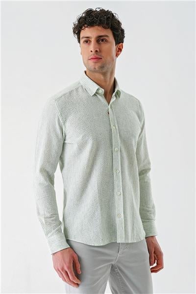 Yeşil Uzun Kollu Biritli Yaka Pamuklu Likralı Casual Slim Fit Gömlek 1004240233