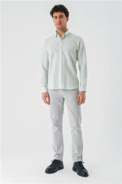 Yeşil Uzun Kollu Biritli Yaka Pamuklu Likralı Casual Slim Fit Gömlek 1004240233