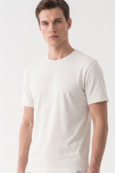 Krem Rengi Bisiklet Yaka Kısa Kol Slim Fit Pamuklu Tişört 1011265166