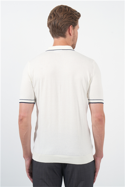 Krem Rengi Polo Yaka Kısa Kol Örme Comfort Fit %100 Pamuk Kazak 1012260151
