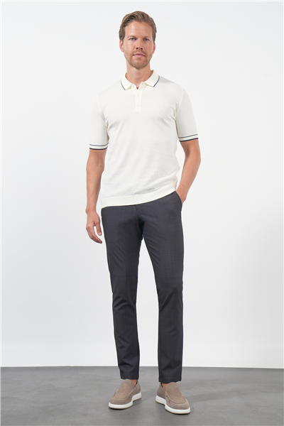 Krem Rengi Polo Yaka Kısa Kol Örme Comfort Fit %100 Pamuk Kazak 1012260151
