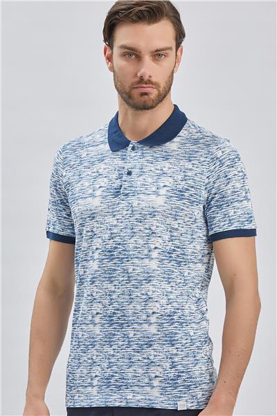 Lacivert Baskılı Pike Polo Yaka Garnili %100 Pamuk Casual Slim Fit Dar Kesim Tişört 1011240157
