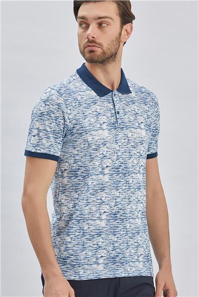 Lacivert Baskılı Pike Polo Yaka Garnili %100 Pamuk Casual Slim Fit Dar Kesim Tişört 1011240157