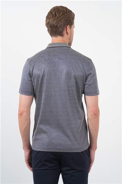 Lacivert-Bej Kendinden Desenli Polo Yaka Kısa Kol Cepli Comfort Fit Pamuklu Tişört 1011260152