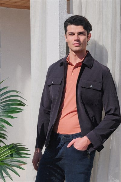 Lacivert Berberi Yaka Gabardin Düz Slim Fit Casual Mont 1007260151