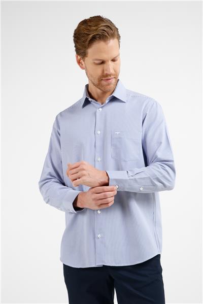 Lacivert-Beyaz Çizgili Desen Sert Yaka Uzun Kol Cepli Comfort Fit Pamuklu Gömlek 1004255280