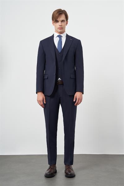 Lacivert Mono Yaka Yelekli 6 Drop Slim Fit Dar Kesim Basic Takim Elbise 1001245386