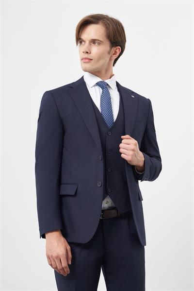 Lacivert Mono Yaka Yelekli 6 Drop Slim Fit Dar Kesim Basic Takim Elbise 1001245386