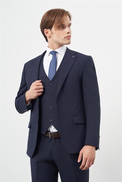 Lacivert Mono Yaka Yelekli 6 Drop Slim Fit Dar Kesim Basic Takim Elbise 1001245386